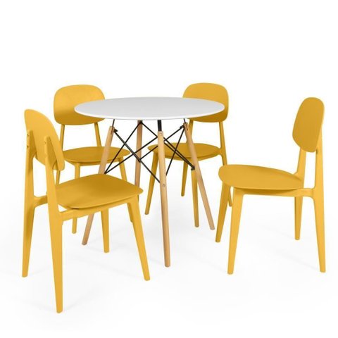 Conjunto Mesa de Jantar Redonda Eiffel Branca 80cm com 4 Cadeiras Itália - Amarelo