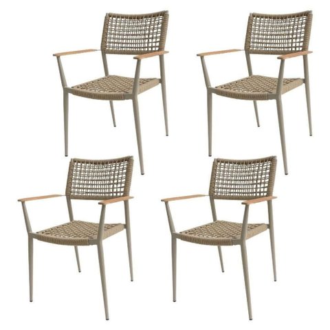 Kit 4 Cadeiras Saint Tropez Estrutura Alumínio Assento Encosto Corda Náutica Fendi Braço Madeira