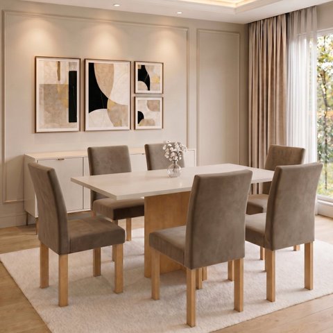 Conjunto de Mesa de Jantar 6 Lugares 160x80cm em MDF Cinamomo e Off White