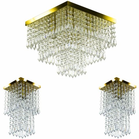 Kit 1 Lustre Cristal Acr. Sweet + 2 Lustres Spark Dourado