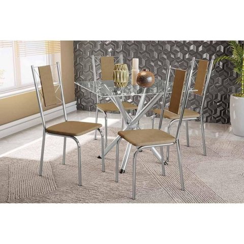 Sala de Jantar Volga com Tampo de Vidro 90cm e 4 Cadeiras Lisboa Cromada Courano Capuccino