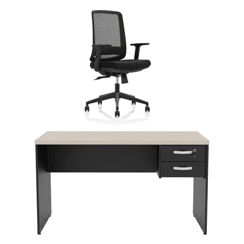 Kit Mesa de Escritório 140x60cm com Gaveta + Cadeira Netflex Ergonômica