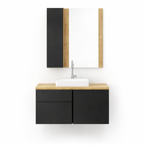 Kit Banheiro Gabinete 80cm Cuba e Espelheira Preto e Antiqua:preto/antiqua