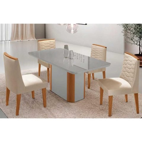 Conjunto: Mesa de Cozinha Pietá Tampo c/ Vidro Curvo 120cm+4 Cadeiras Maldivas Naturale/Off White