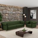Ver imagem 1 de Conjunto Sala de Estar 1 Sofá Living 260cm e 1 Poltrona Stanford Chesterfield Pés Madeira Couro Verd