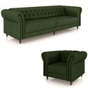 Ver imagem 2 de Conjunto Sala de Estar 1 Sofá Living 260cm e 1 Poltrona Stanford Chesterfield Pés Madeira Couro Verd