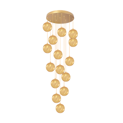 Pendente Moderno Dourado 15 Globos Pé Direito Duplo Escada