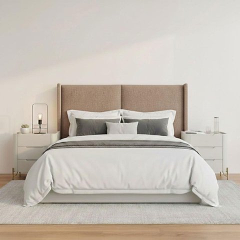Cabeceira Queen Estofada 176cm com 2 Mesas de Cabeceira 100% Mdf Cor:linho Philips Amêndoa e Luna