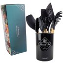 Ver imagem 2 de Kit Utensílios De Cozinha Cabos em Madeira e Silicone 11 Peças + Pote Organizador - Premium - - Pret