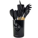 Ver imagem 5 de Kit Utensílios De Cozinha Cabos em Madeira e Silicone 11 Peças + Pote Organizador - Premium - - Pret
