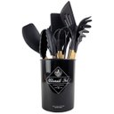 Ver imagem 1 de Kit Utensílios De Cozinha Cabos em Madeira e Silicone 11 Peças + Pote Organizador - Premium - - Pret