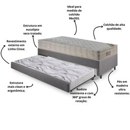 Bicama Box Solteiro Linho 96x203x28 cm com Colchão Airtech Ortobom Molas Ensacadas - 4