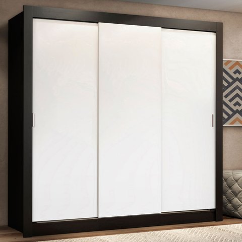 Guarda-Roupa Casal Madesa Lyon Plus 3 Portas de Correr 4 Gavetas Preto/Branco Cor:Preto/Branco