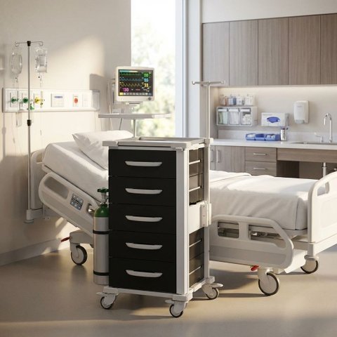 Carrinho Hospitalar de Emergência 5 Gavetas Auxiliar - Tampo Inox - Estrutura em Aço com Acessórios
