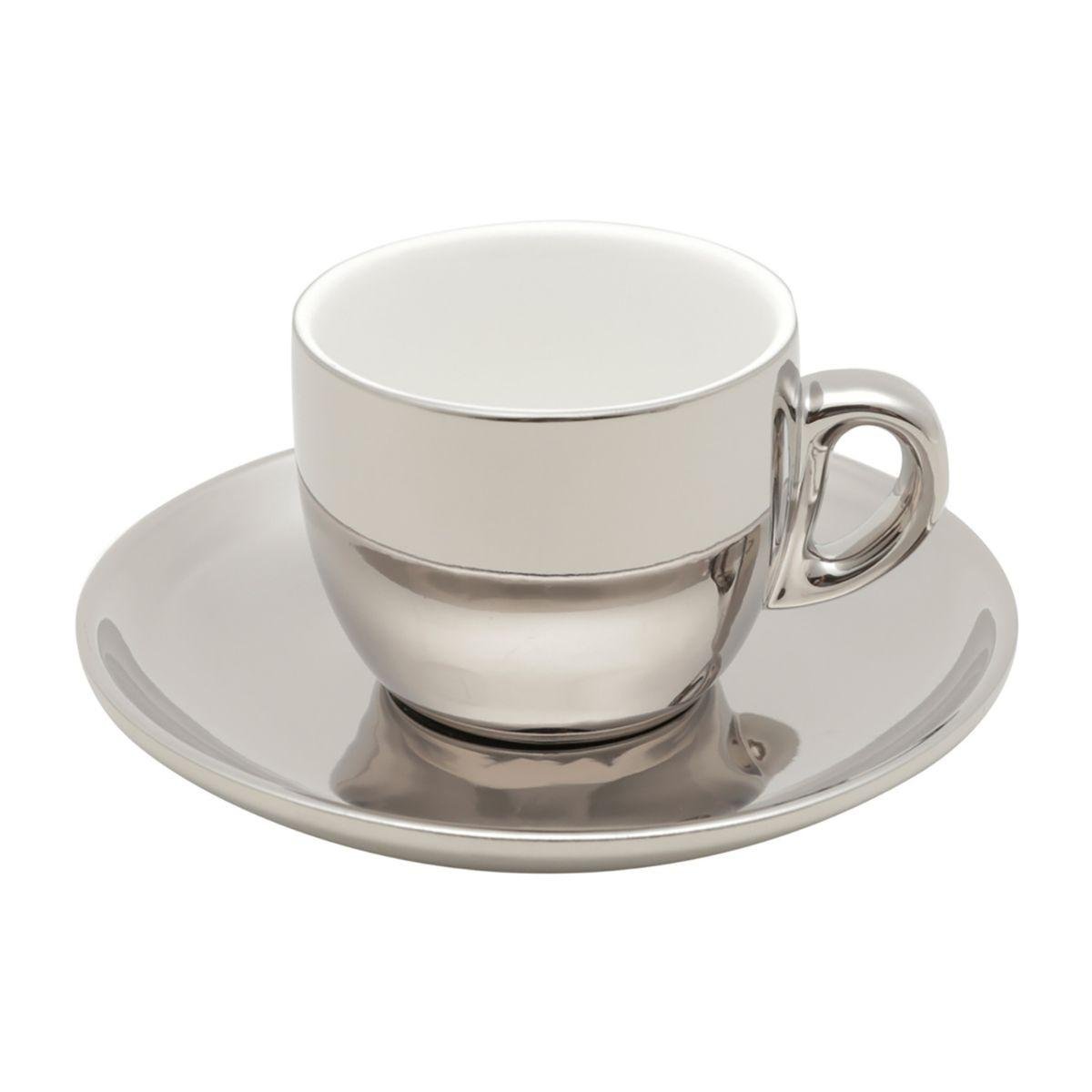 Cj 6 Xícaras Café Porcelana C/ Pires e Suporte Prata 90ml - 2