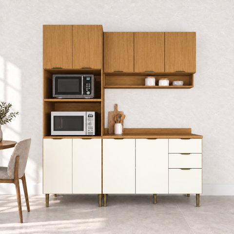 Cozinha Modulada Completa Premium MDF Linha Safira Nature Off White 190x220cm Casamia
