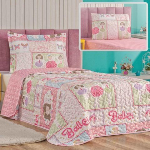 Enxoval Kit Colcha + Jogo de Cama Lençol Bouti Solteiro Infantil Kids 4 Peças - Ballet