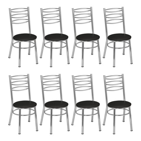 Conjunto 8 Cadeiras para Sala de Jantar Tradicional Cromado/Preto