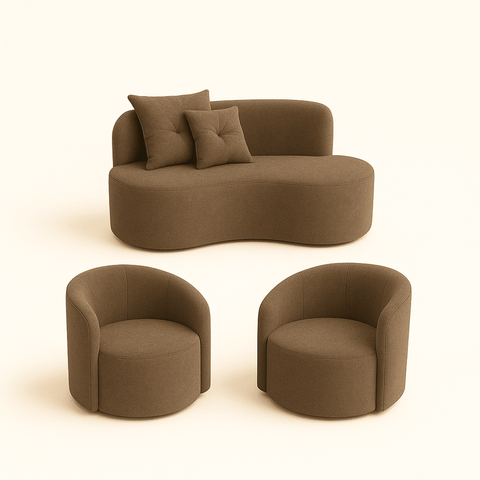 Conjunto Decorativo 02 Poltronas + Sofá Curvo Orgânico Nature Gaia Suede Cappuccino - Montanaris Dec