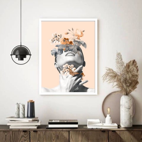 Quadro Decorativo Surrealismo Mulher Plantas - 70x50cm:moldura Branca