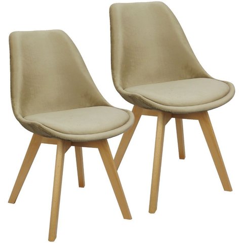 Kit 2 Cadeiras Charles Eames Leda Veludo Luisa Saarinen Estofada Base Madeira - Bege