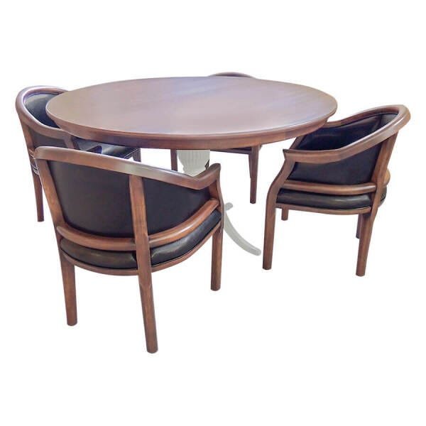 Conjunto de Mesa de Jantar e 4 Cadeiras Carla Imbuia Envelhecido e Couro Eco Marrom