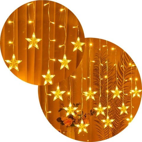Cascata Pisca Estrelas 405 Leds Amarelo Fio Branco 10m 220v