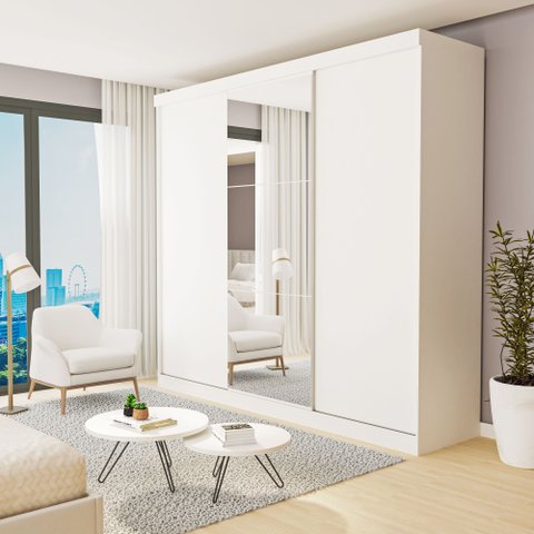 Guarda Roupa Casal Premium Barcelona 205,9cm com Espelho 3 Portas 4 Gavetas Yescasa Branco