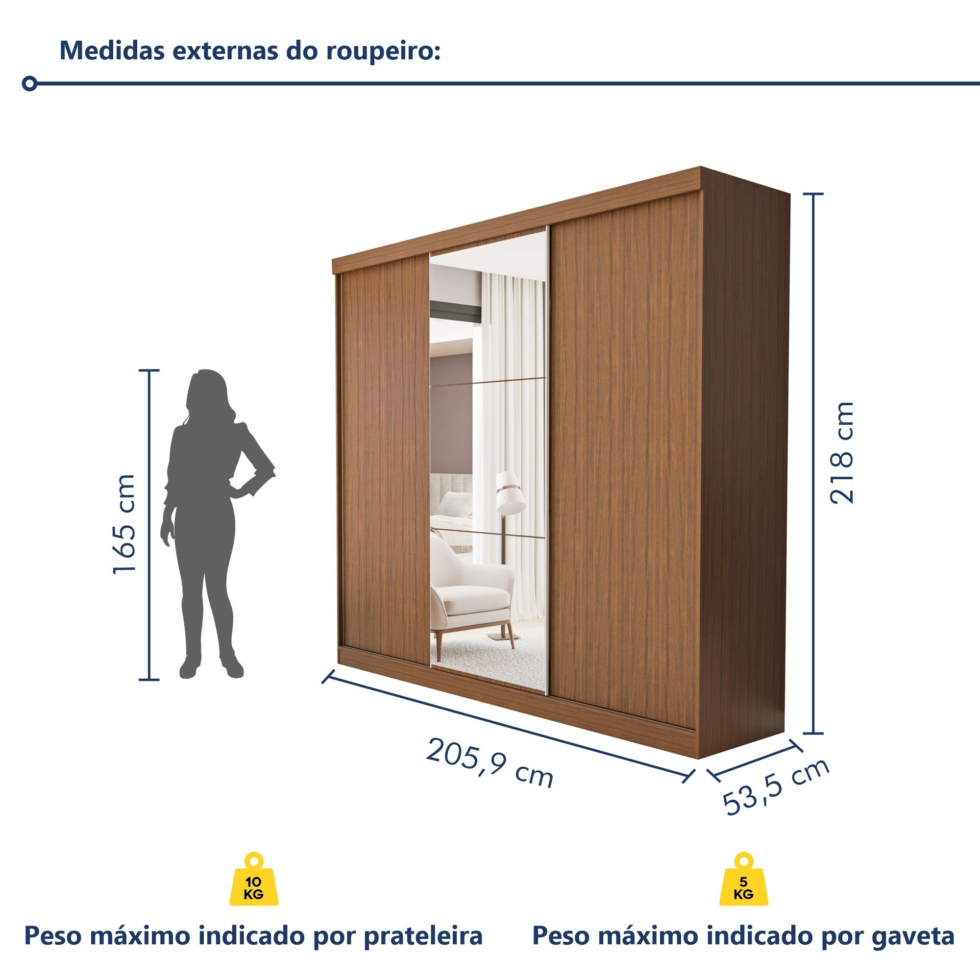 Guarda Roupa Casal Premium Barcelona 205,9cm com Espelho 3 Portas 4 Gavetas Espresso Móveis     - 8