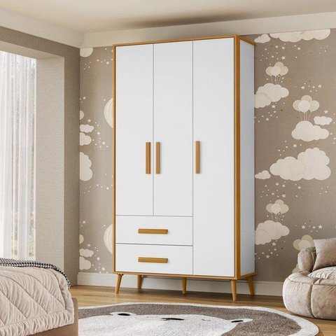 Guarda-Roupa Infantil 3 Portas 2 Gavetas 100% MDF Retrô Magic Baby Carvalho e Branco