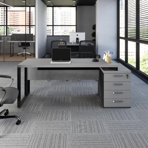 Mesa Escritório Diretor 1,70m a 1,92m 4 Gavetas Pé Metal F5