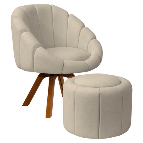 Kit Poltrona Decorativa Orgânica Flora Base Giratória com Puff Bouclê - Sofa Store:bouclê Bege
