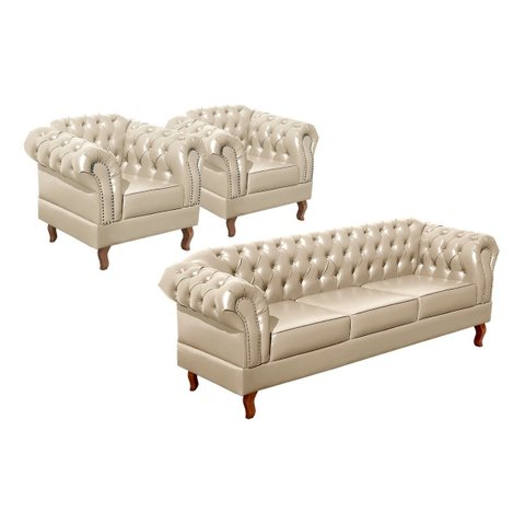 Conjunto Sofá Chesterfield 3 Lugares + 2 Poltronas Dom Pedro - Couríssimo Bege