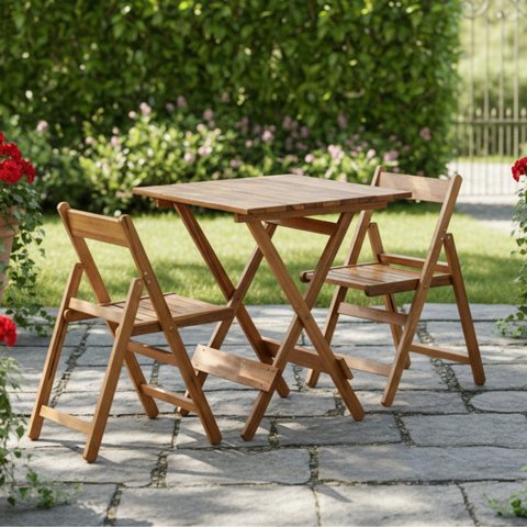 Conjunto de Mesa 70x70cm e 2 Cadeiras Dobráveis em Madeira Maciça com Verniz