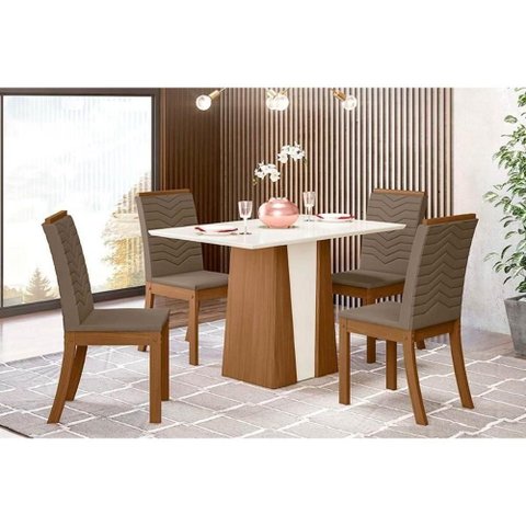 Conjunto Mesa de Cozinha Orus Tampo Madeirado com Vidro 120x80cm e 4 Cadeiras Isa Nature Suede Light