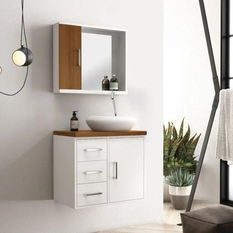 Conjunto para Banheiro Andria 60cm c/Espelheira sem Cuba:Branco com Freijó
