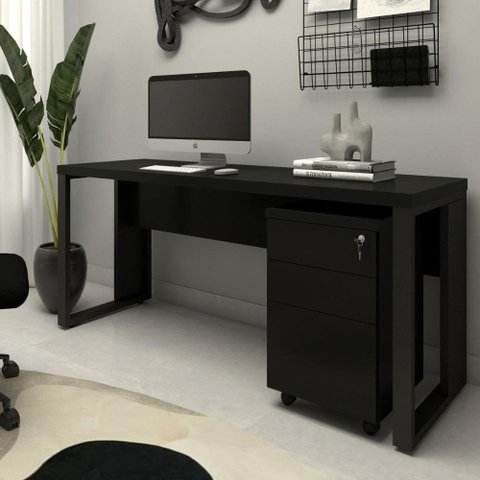 Mesa Escrivaninha Industrial 150cm Gaveteiro Clean Pés Metal Cor:preto