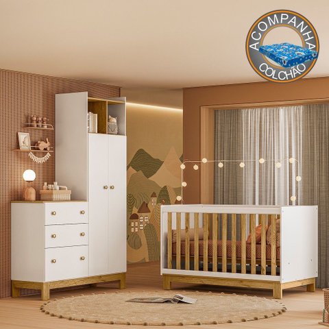 Quarto de Bebê com Berço Slim e Guarda Roupa com Cômoda Flora Branco Freijó Qmovi + Colchão Ortobom