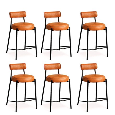 Banqueta de Cozinha Baixa com Encosto Industrial em Aço Kit 6 Londres Pu D03 - D’Rossi