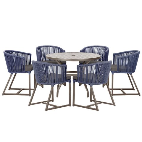 Mesa com 6 Cadeiras de Jantar Roma 120cm e Noronha em Alumínio Marrom Corda Náutica Estofado 11 Tram