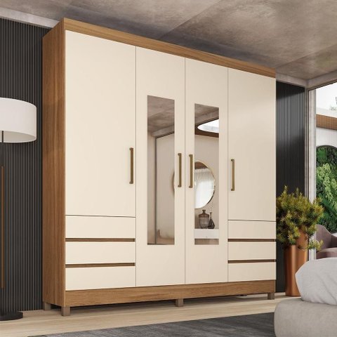 Guarda Roupa Casal Roma 4 Portas de Bater 6 Gavetas com Espelho Amêndola-Off White Demóbile
