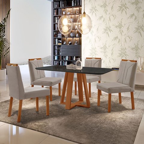 Conjunto Sala de Jantar Mesa Floripa Madeira Maciça 140x80cm Tampo Retângular Vidro Preto com 4 Cade