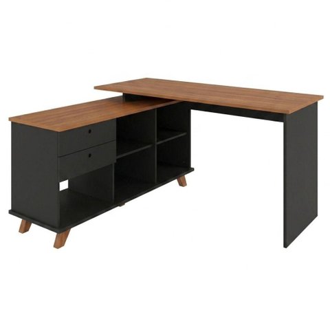 Mesa Escrivaninha Escritorio em L 2 Gavetas 5 Nichos 145x128 cm Freijo Preto Artany