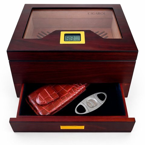 Caixa Umidora de Charutos Higrômetro Digital Kit com Cortador e Case