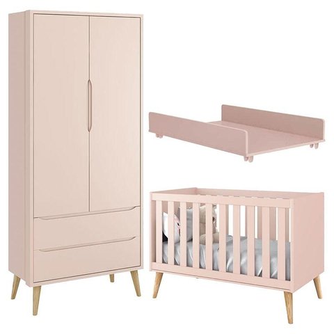 Berço Americano e Guarda Roupa Theo 2 Portas Rosa com Pés Madeira Natural com Trocador Juju – Reller