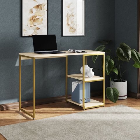Mesa Escritório Berlim Industrial com Prateleira Ferro Dourado Tampo 110x46 Off White