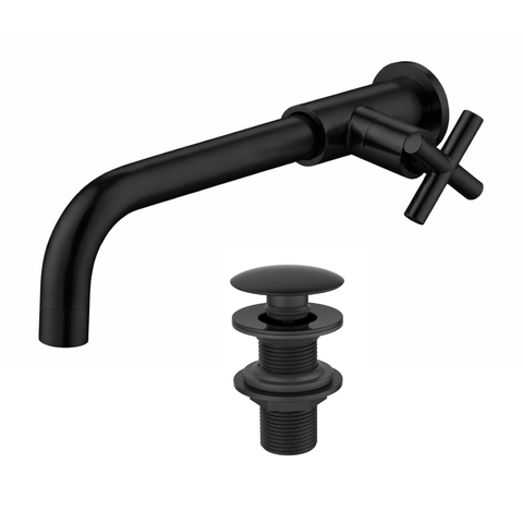 Kit Torneira de parede para Banheiro Bica Longa Redonda + Válvula Click para Cuba 7/8 Redonda Preto 