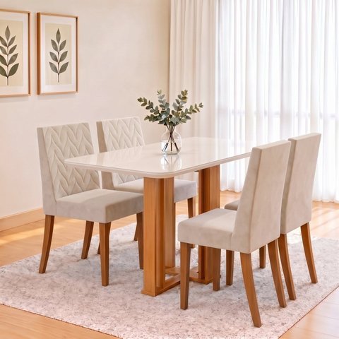 Conjunto Sala de Jantar Mesa Manu 120cm Tampo MDF e Vidro Canto Arredondado 4 Cadeiras Maitê