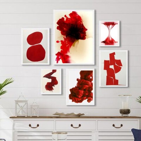 Composição 6 Quadros Decorativos Vermelhos- Abstratos - com Vidro:madeira Branca