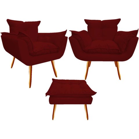 Kit 2 Poltronas + Puff Decorativo Opala Suede Marsala Pés Madeira Ms Decor